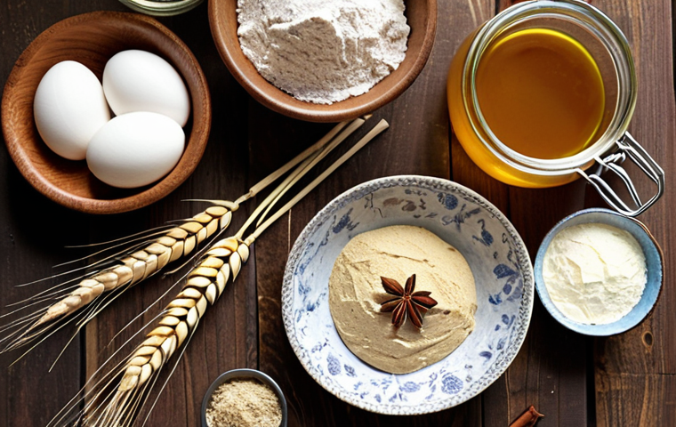 A beautifully arranged table featuring various organic baking ingredients. Include organic wheat flour, *siyez* flour, rye flour, honey, *pekmez*, maple syrup, olive oil, coconut oil, butter, eggs, milk, and spices like cinnamon. The scene should evoke a sense of healthy and delicious homemade treats.  Emphasize natural light and rustic textures.